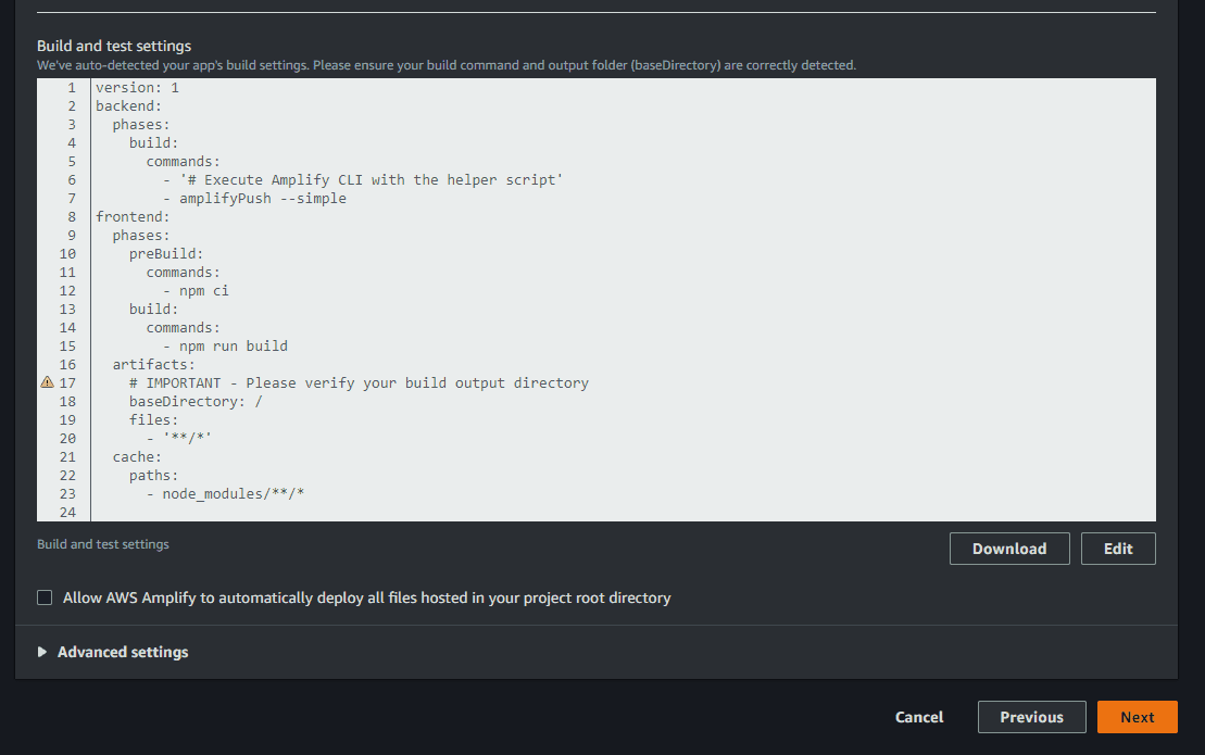 click to allow automatic deploy aws amplify